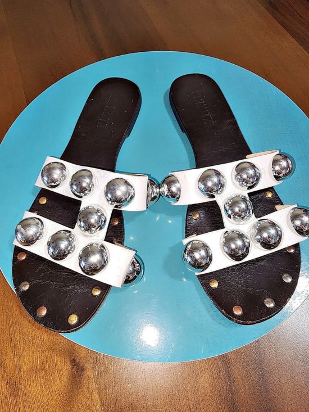 Schutz Studded Sandals in Black & White US 7.5
